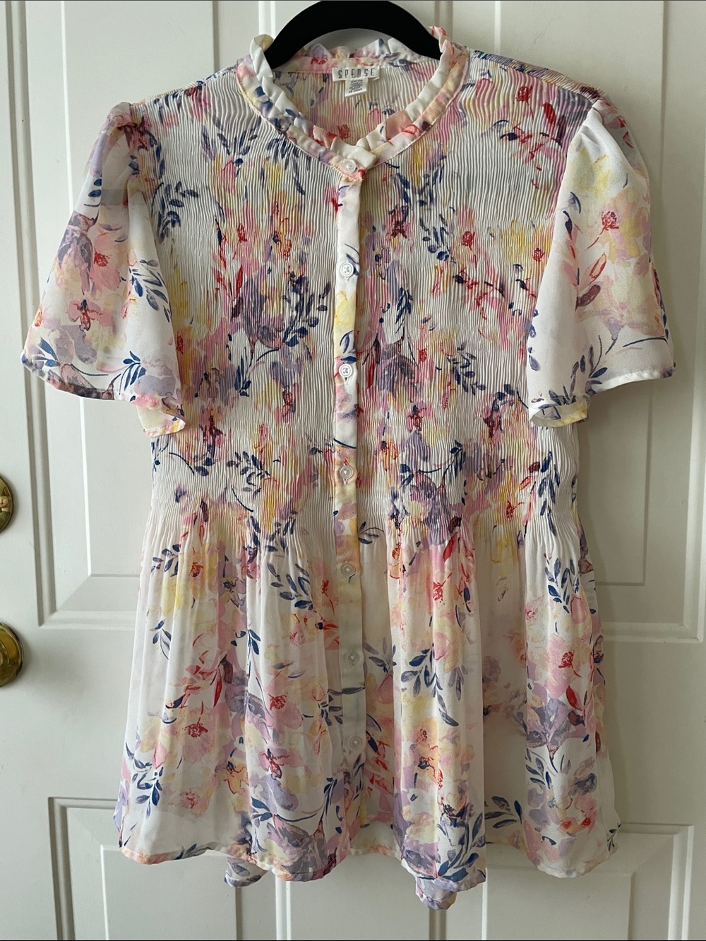 Spense Floral Pleated Short Sleeve Blouse - White with Pink, Yellow & Blue